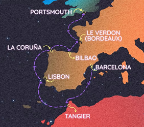 Barcelona to England Mediterranean gay cruise map