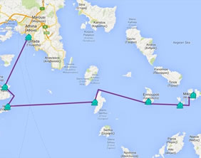 Greek Islands gay  sailing cruise map - Mykonos to Athens