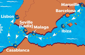 Barcelona to Lisbon gay cruise map