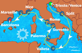 Venice to Barcelona gay cruise map