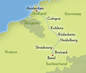 Switzerland to Amsterdam Rhine river lesbian cruise map